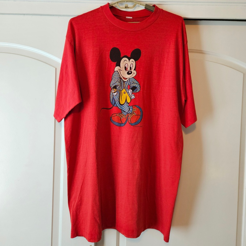 Vintage‎ Mickey Mouse Disney Red Single Stitch Graphic T-Shirt XL Nightshirt